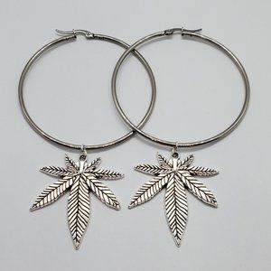 "Stoner Barbie" Silver Cannabis weed leaf hoops